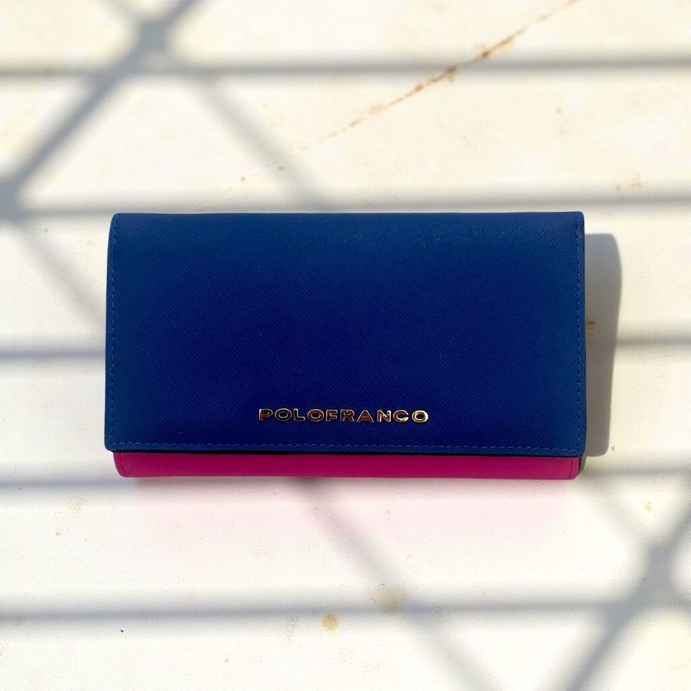 NWT Polo Franco Tri-fold Leather Wallet Bright Blue and Hot Pink
